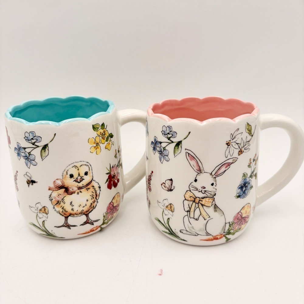 Dwell Essentials Easter Mug Set Scalloped Rim Bunny Chick‎ Floral Ceramic 2pc